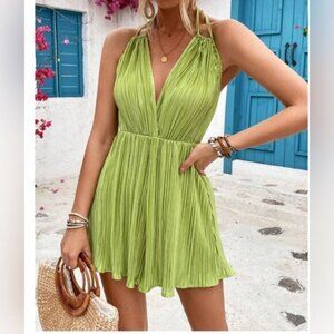 Green Texture Pleated Material Ruffle Hem Jumpsuit